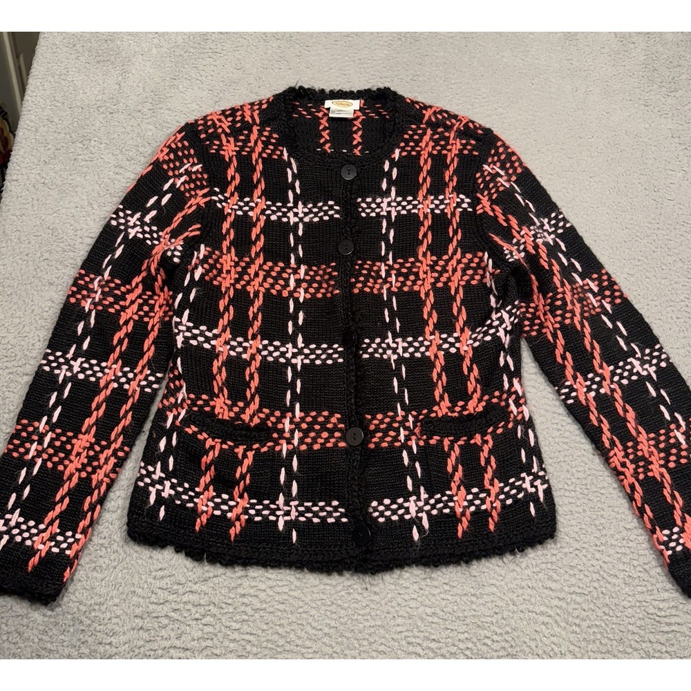 Vintage Talbots Cardigan Sweater Black Pink Plaid Chunky Knit Wool Blend Large L